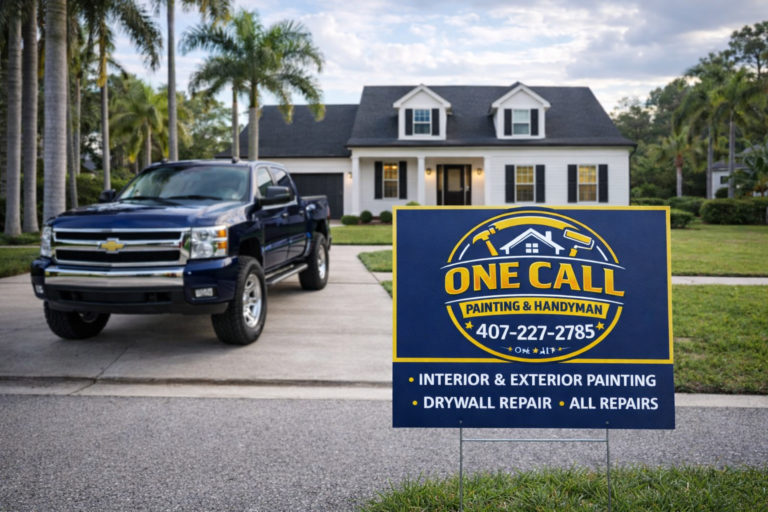 One Call Painting and Handyman truck and yard sign at a Central Florida home